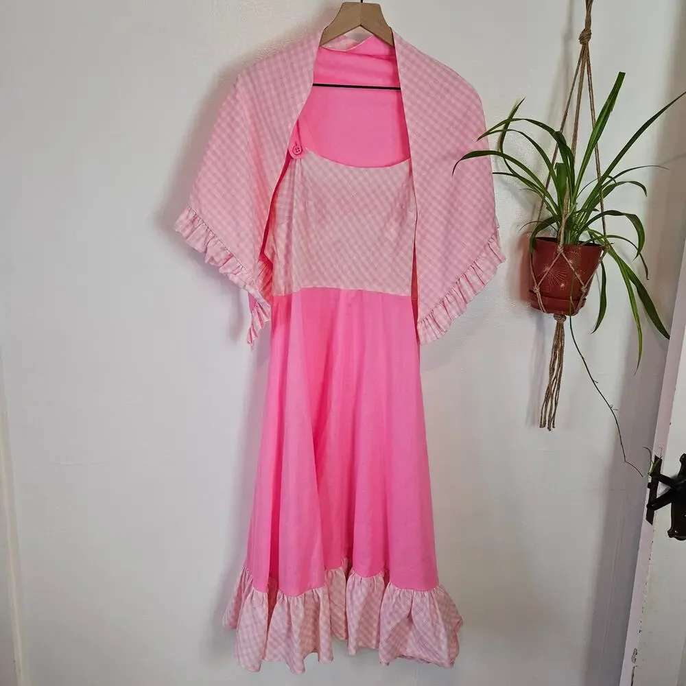 Vintage Handmade Dress & Shawl M? L? Pink Gingham‎ Midi - Picture 5 of 14